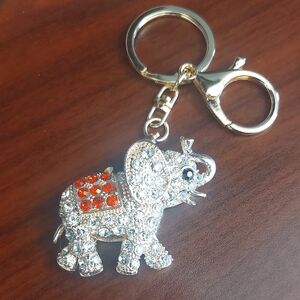 Gold Toned Elephant Red Clear Rhinestone Key Chain Bag Charm Pendant Small Flaw